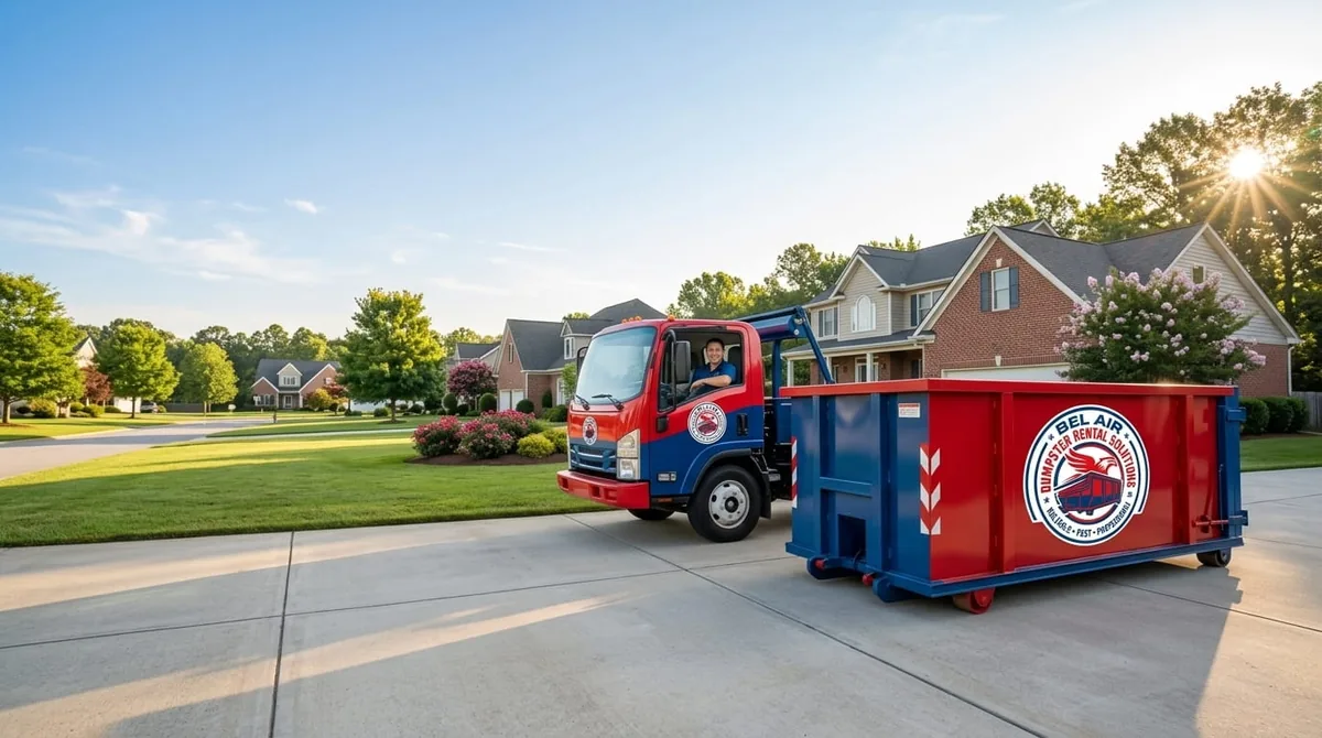 20 yard roll-off dumpster loaded with renovation debris in Bel Air
