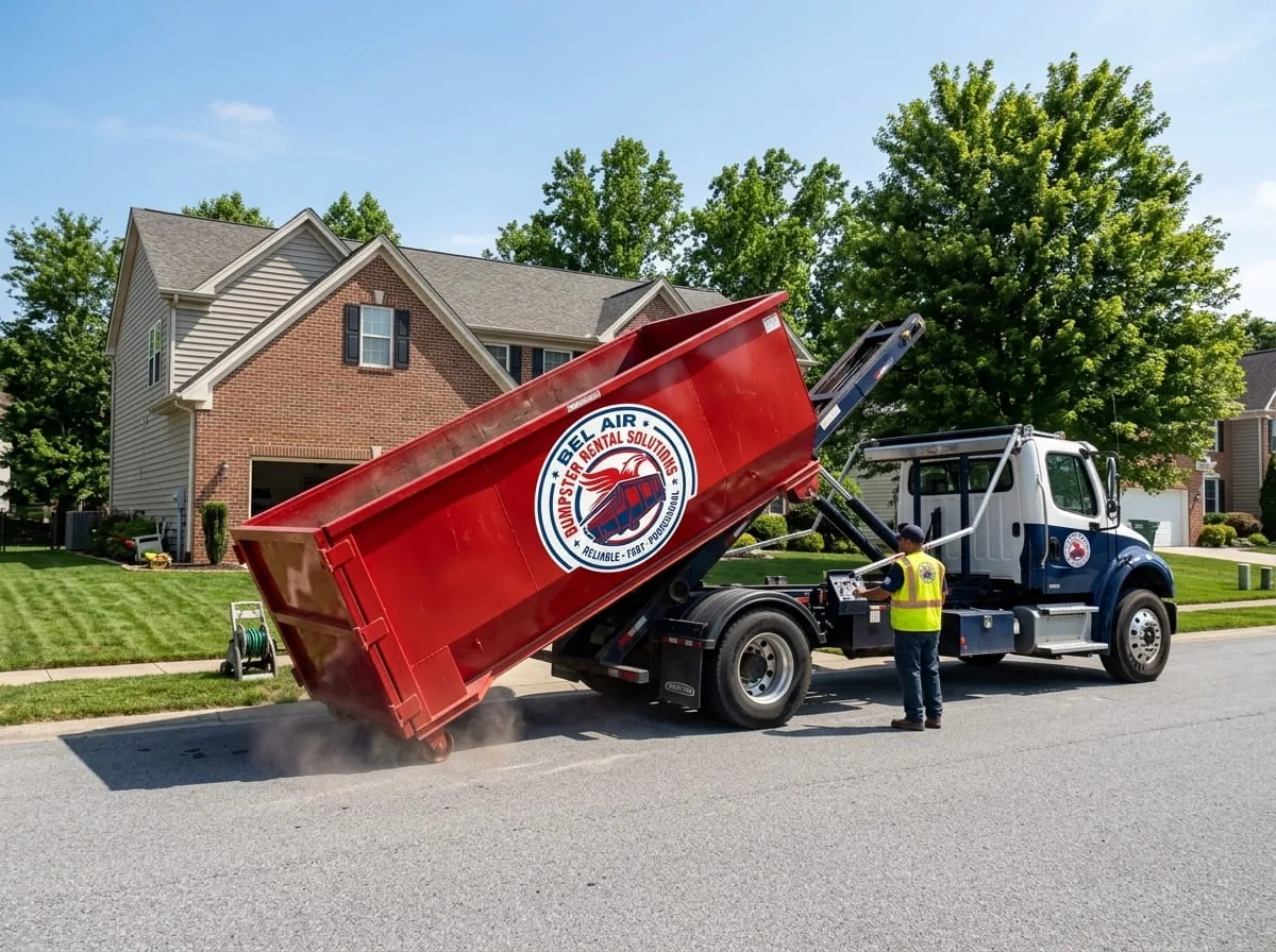 Bel Air Dumpster Rental Solutions crew beside a branded roll-off truck