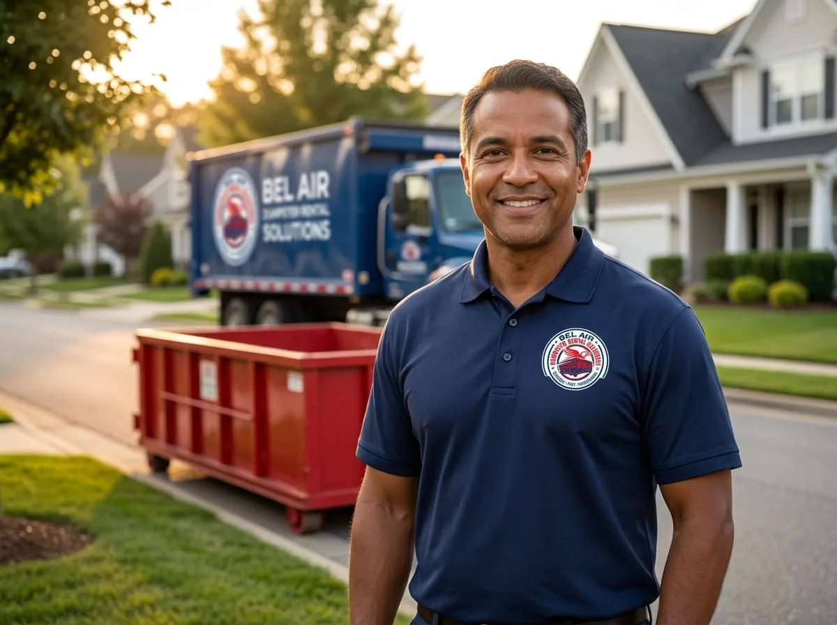 Red and navy roll-off dumpster on an Bel Air residential driveway