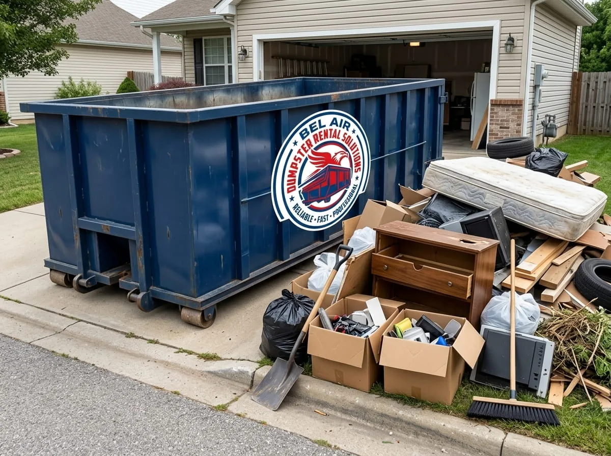 Residential roll-off dumpster in an Bel Air driveway